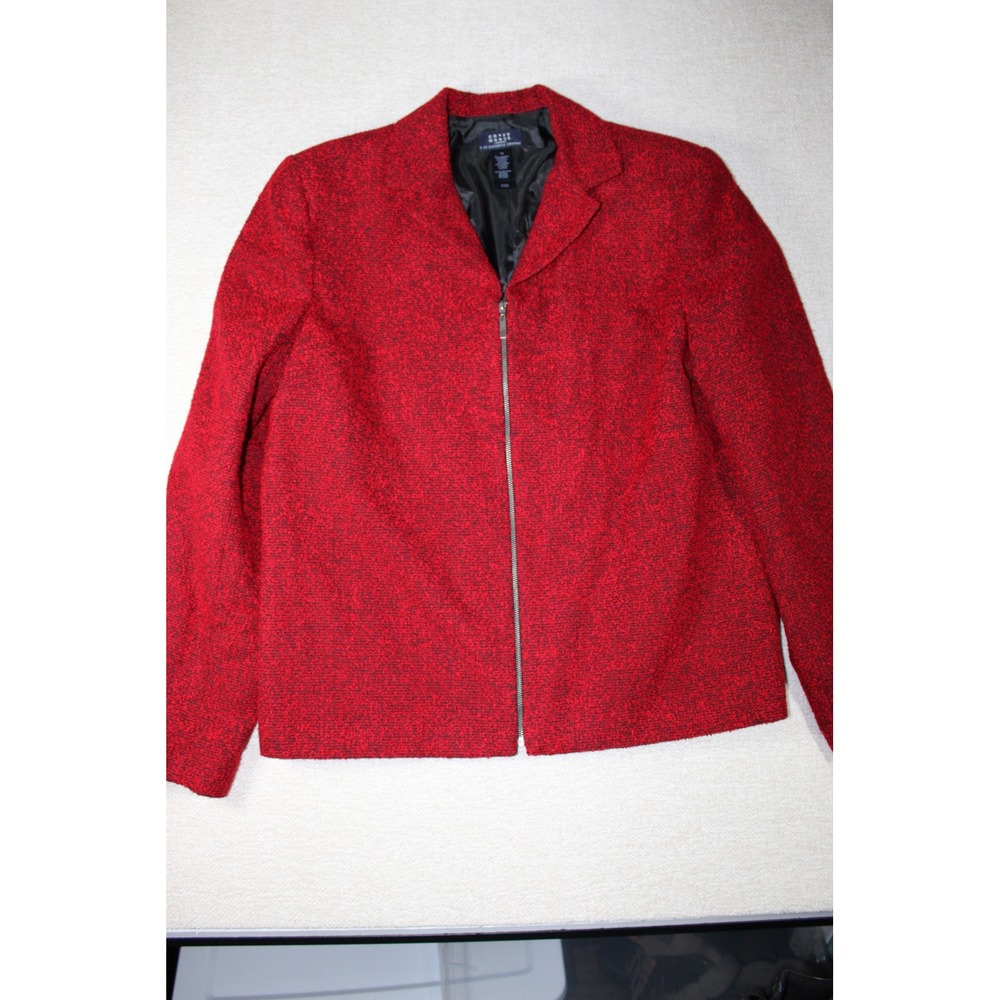Crazy Horse Liz Claiborne Red Black Boucle Zip Front Blazer Size 14 WC0073